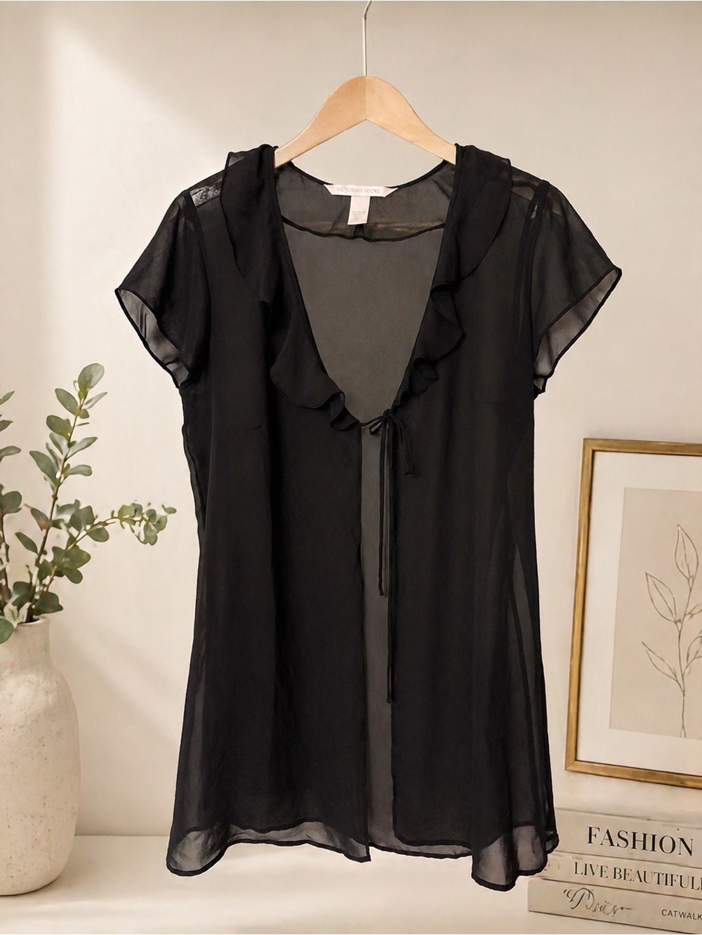 Vintage Y2K Victoria's Secret Black Sheer Ruffle Tie-Front Blouse/ Never Worn